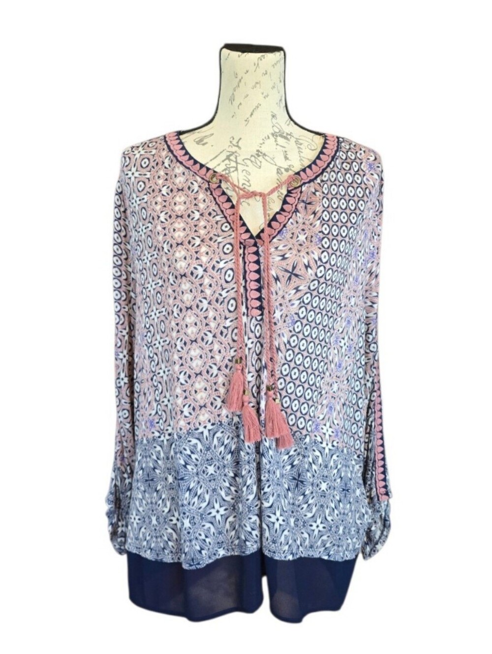 Vintage America Chelsea Boho Blue Pink Semi Sheer Peasant Blouse XL